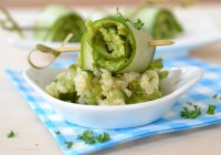 Cucumber-pea-roll on quinoa salad