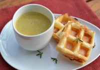 Curry and lentil soup with salmon waffle