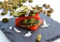 Millefeuille of grilled vegetables with pistachio pesto