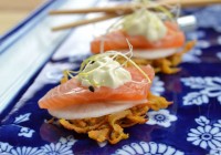 Sweet potato cake with gin-pickled salmon and wasabi cream